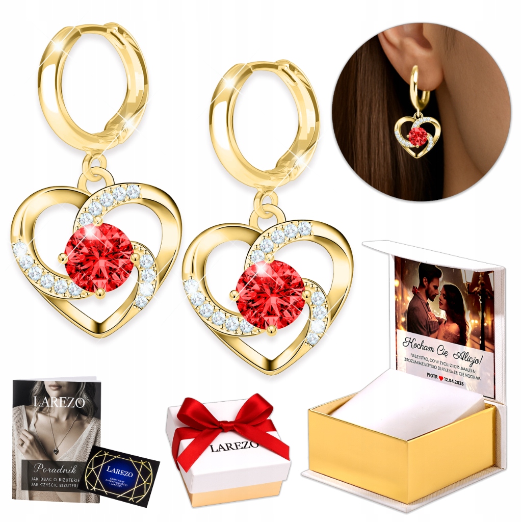 Zlaté Náušnice 925 se spirálovým srdíčkem Srdíčka rubínovými krystaly Zirkony