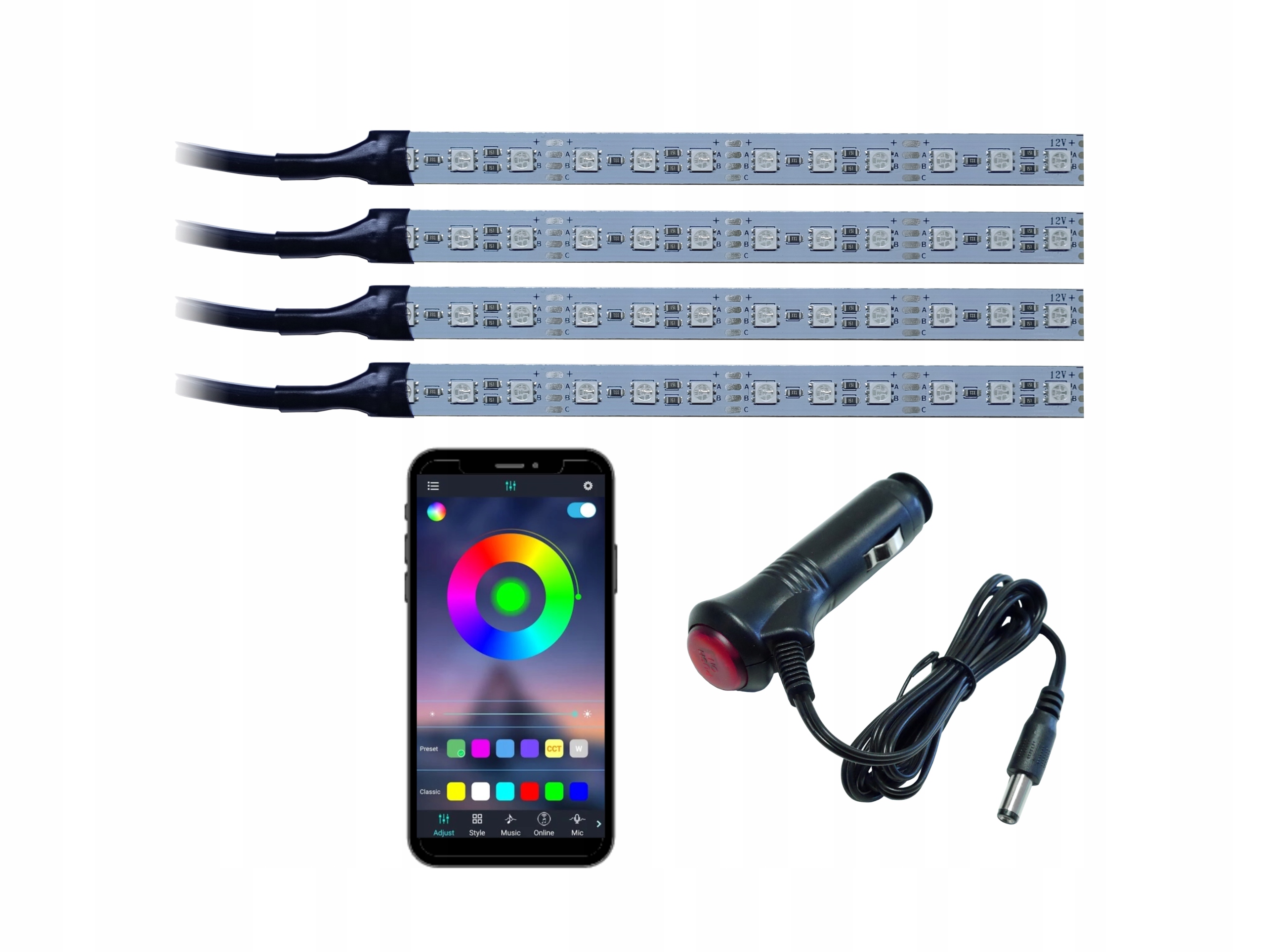 

Oświetlenie wnętrza auta Rgb 4x12LED Bluetooth