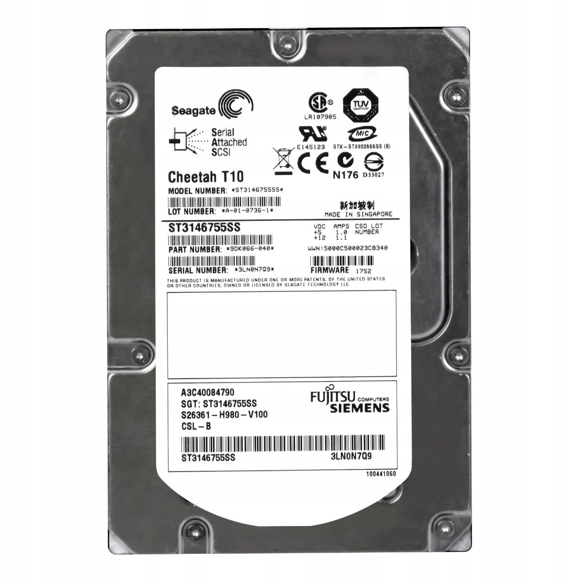 Fujitsu A3C40084790 S26361-H980-V100 146GB 10K 16MB Sas 3.5'' ST3146755SS