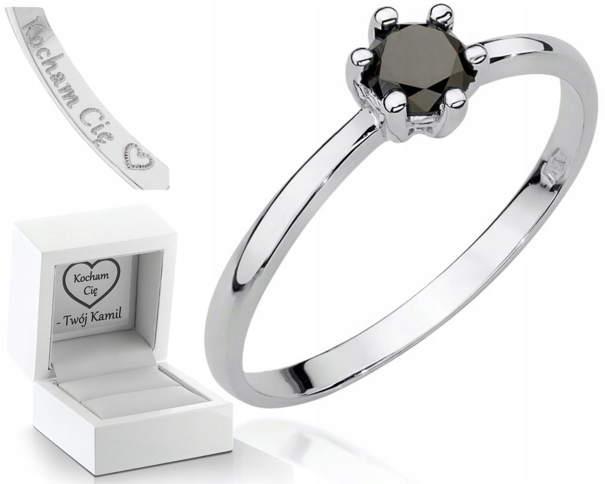 Bílé Zlato Prstýnek Černý Briliant Gravírování 585