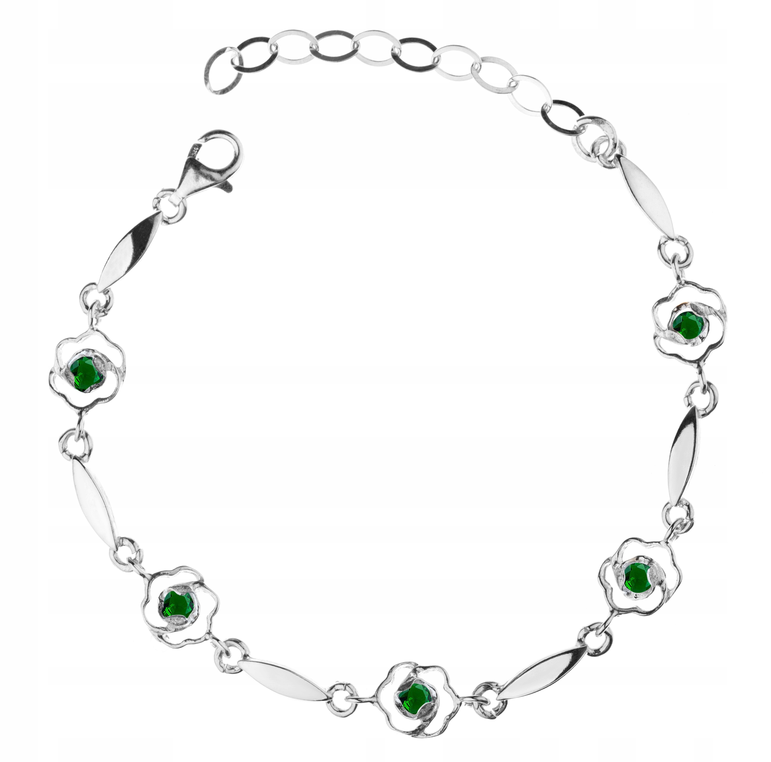 

Bransoletka Ażurowe Kwiatki Zielone Cyrkonie 925