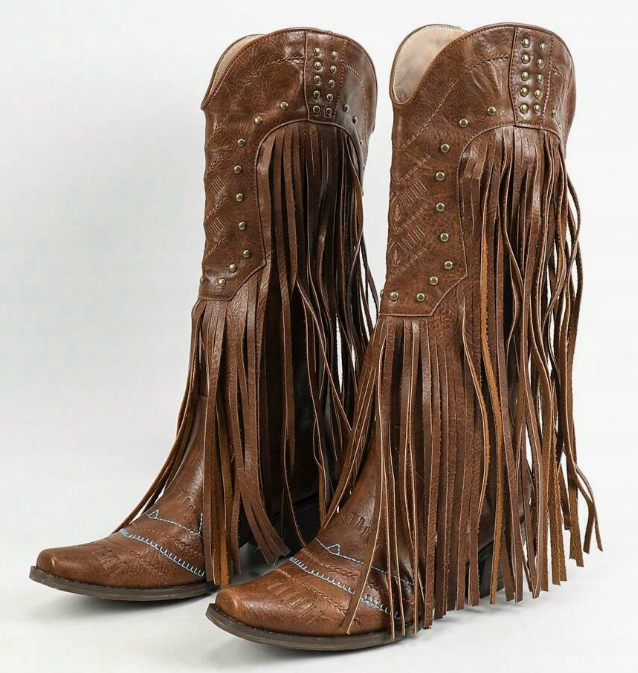 DAMSKIE KOZAKI BRĄZOWE Z FRĘDZLAMI KLOCEK 39,5 ŁKA