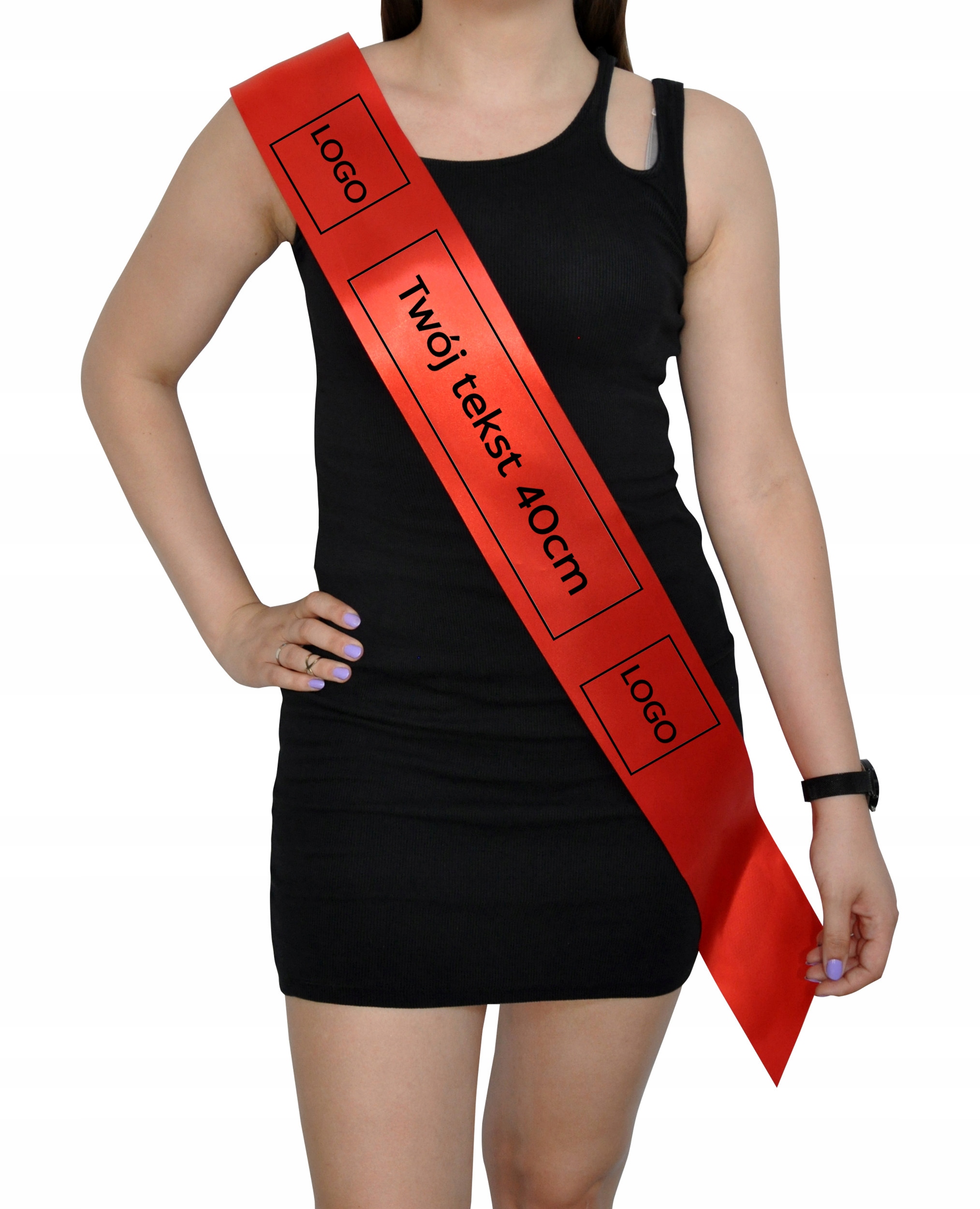 Wstęga SZARFA dwustronna CZERWONA hostessy nadruk