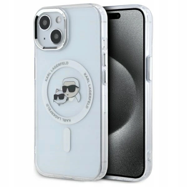 Pouzdro Karl Lagerfeld IML Metal Karl&Choupette Head MagSafe pro iPhone 15 bílé