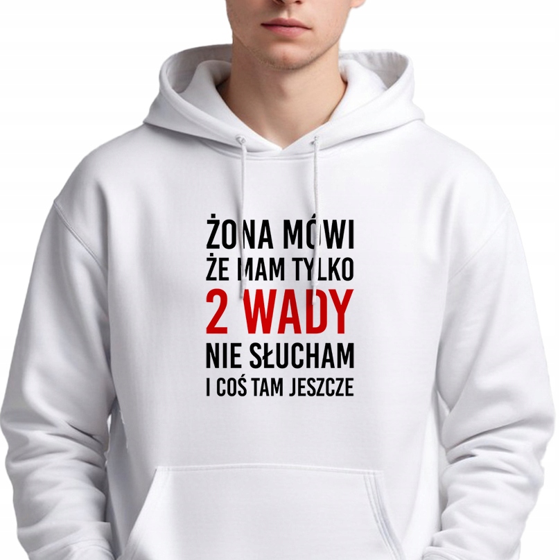 Mikina S Kapucí Bílá Dárek pro manžela Manželka říká, že mám 2 nevýhody M