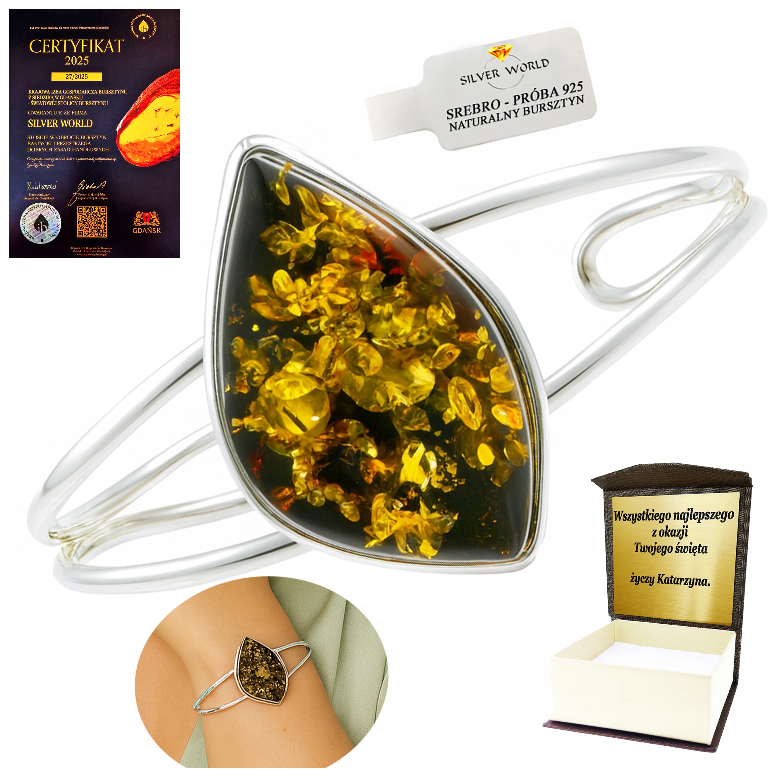 Stříbrný Náramek Se Zeleným Jantarem Jako Dárek Ruční Práce Gravírování