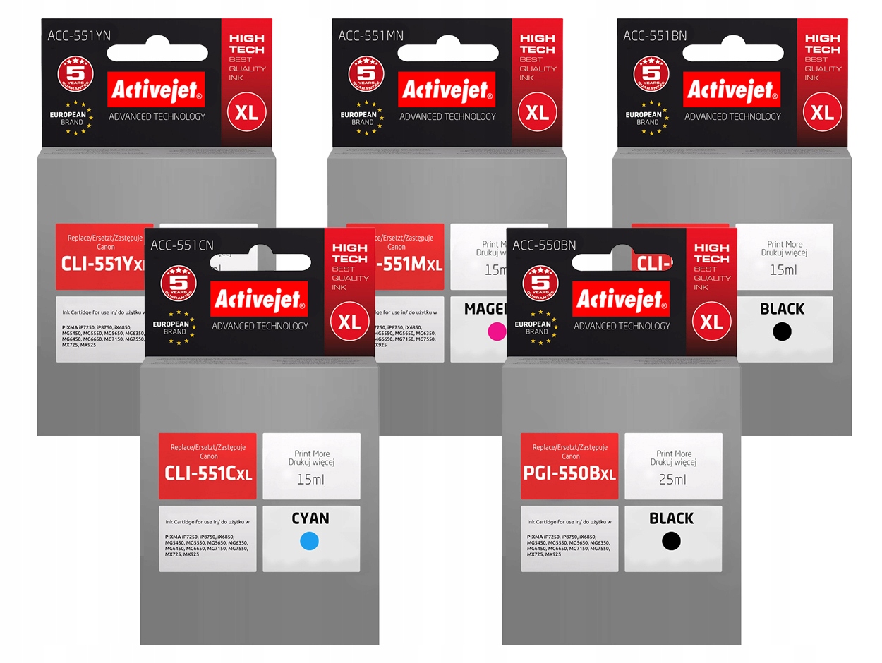 5X Tusz Activejet PGI550 CLI551 Do Canon Pixma IP7250 MG5650 MG5550 IX6850