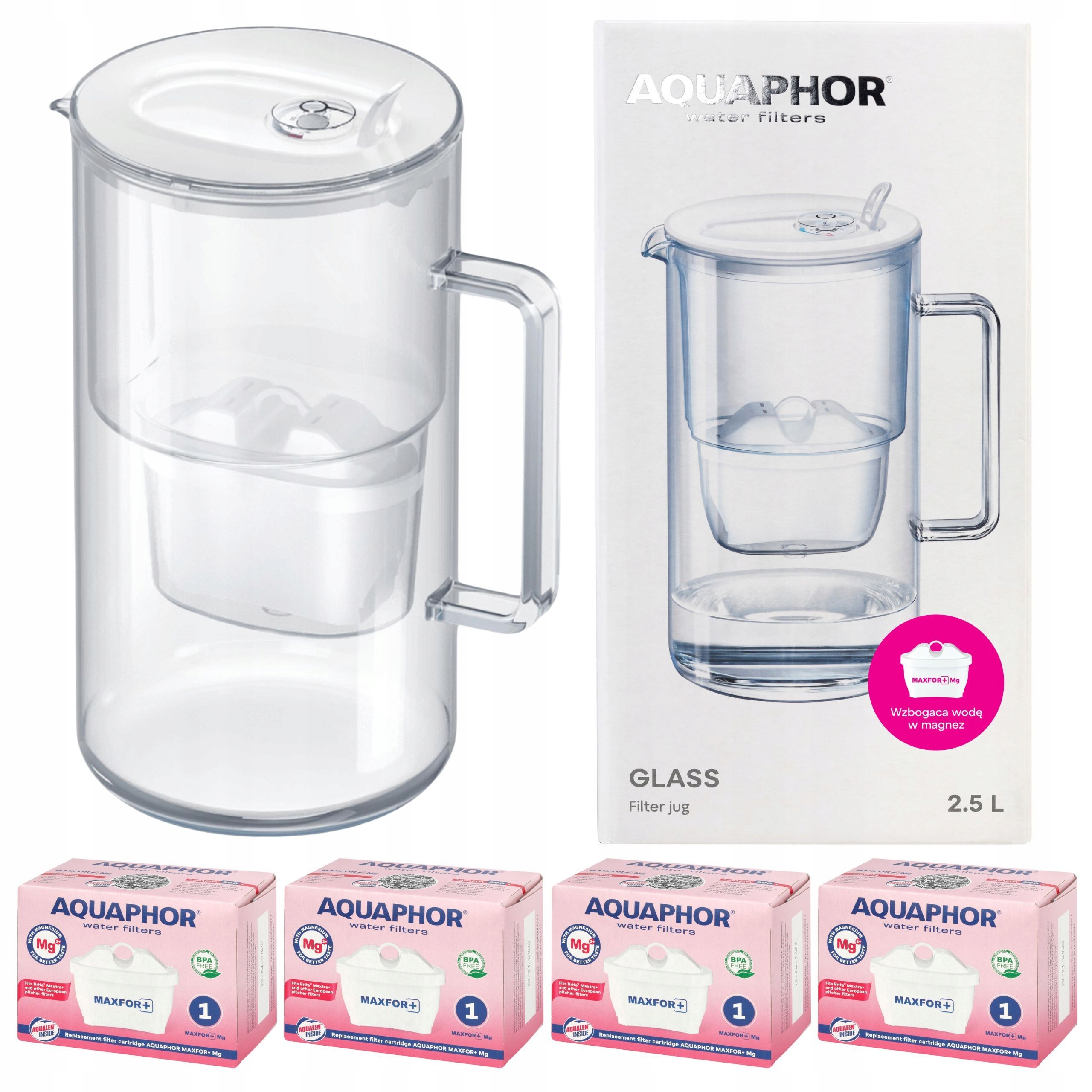 Džbán Aquaphor Glass bílý 2,5 l skleněný na vodu 4 filtry Maxfor+ Mg