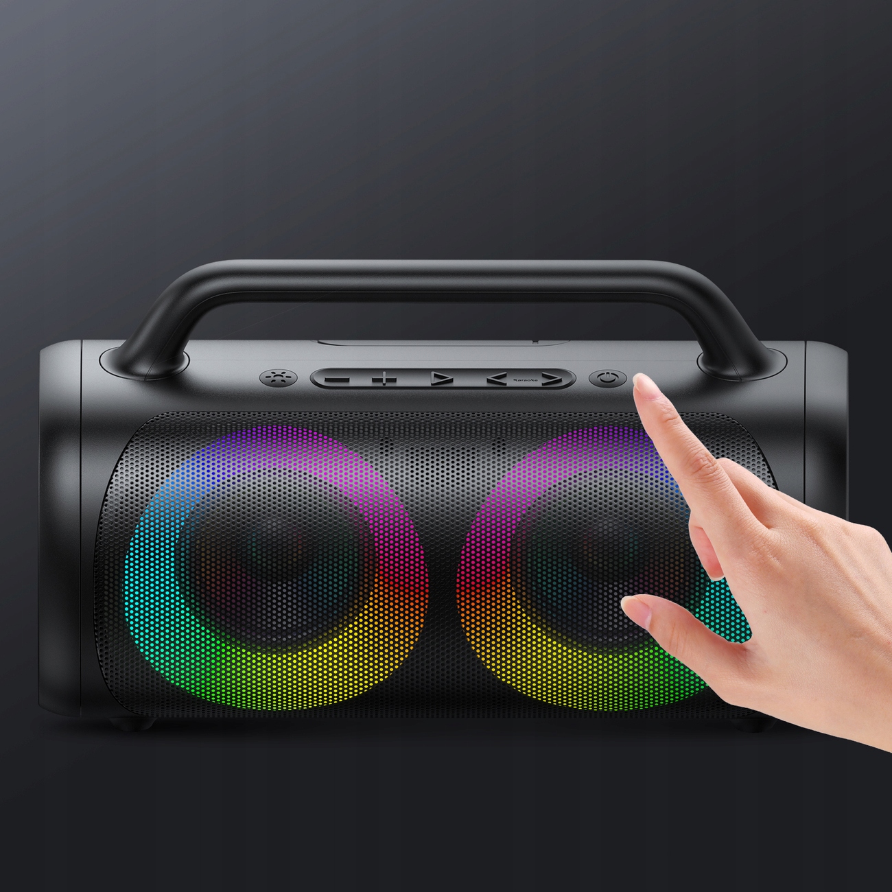 Głośnik bluetooth 5.1 z kolorowym oświetleniem LED Funkcje funkcja karaoke odbieranie połączeń odporność na zachlapanie odtwarzanie plików audio sterowanie za pomocą smartfona tryb głośnomówiący wbudowany mikrofon