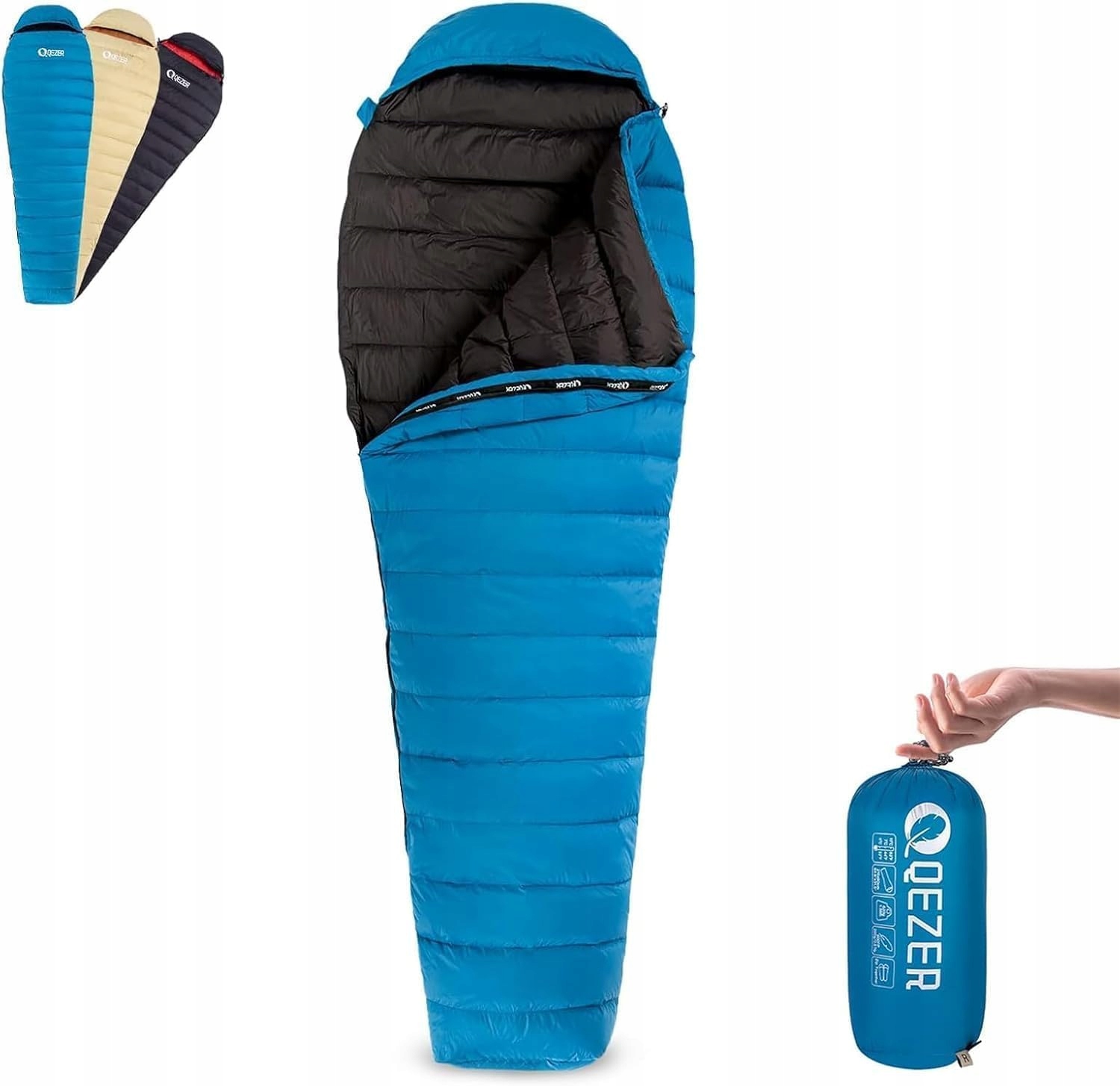 Śpiwór puchowy QDM-400 niebieski ultralekki 215 cm