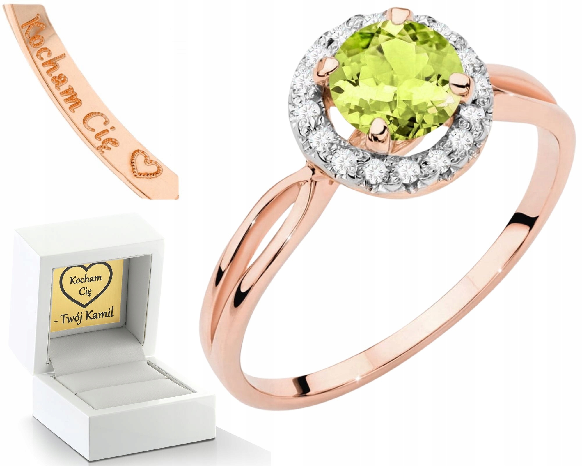 Růžový Zlatý Prstýnek S Peridinem A Diamanty 585 14K Zlato Jako Dárek
