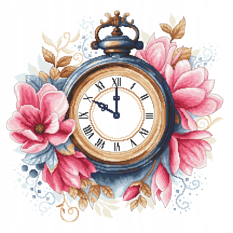 Křížková výšivka Vyšívací sada Vintage magnoliové hodiny