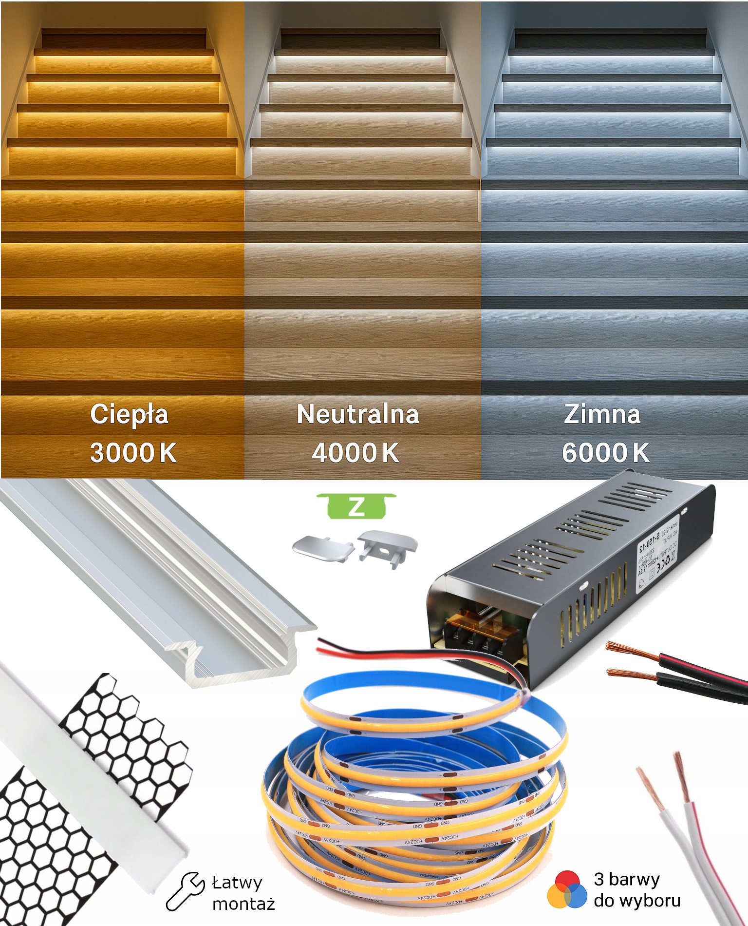 Schodiskový set Led Cob profilová páska – napájací zdroj narezaný na mieru, 3 farby
