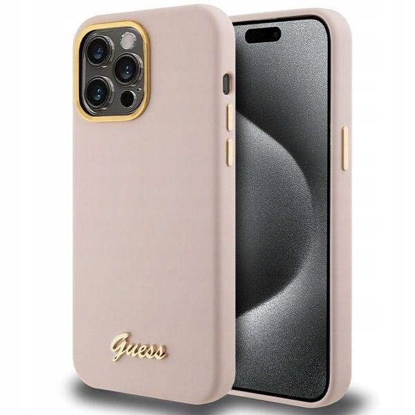 Guess krytka pro iPhone 15 Pro 6,1" růžová Hc Silicone Script Metal Logo &