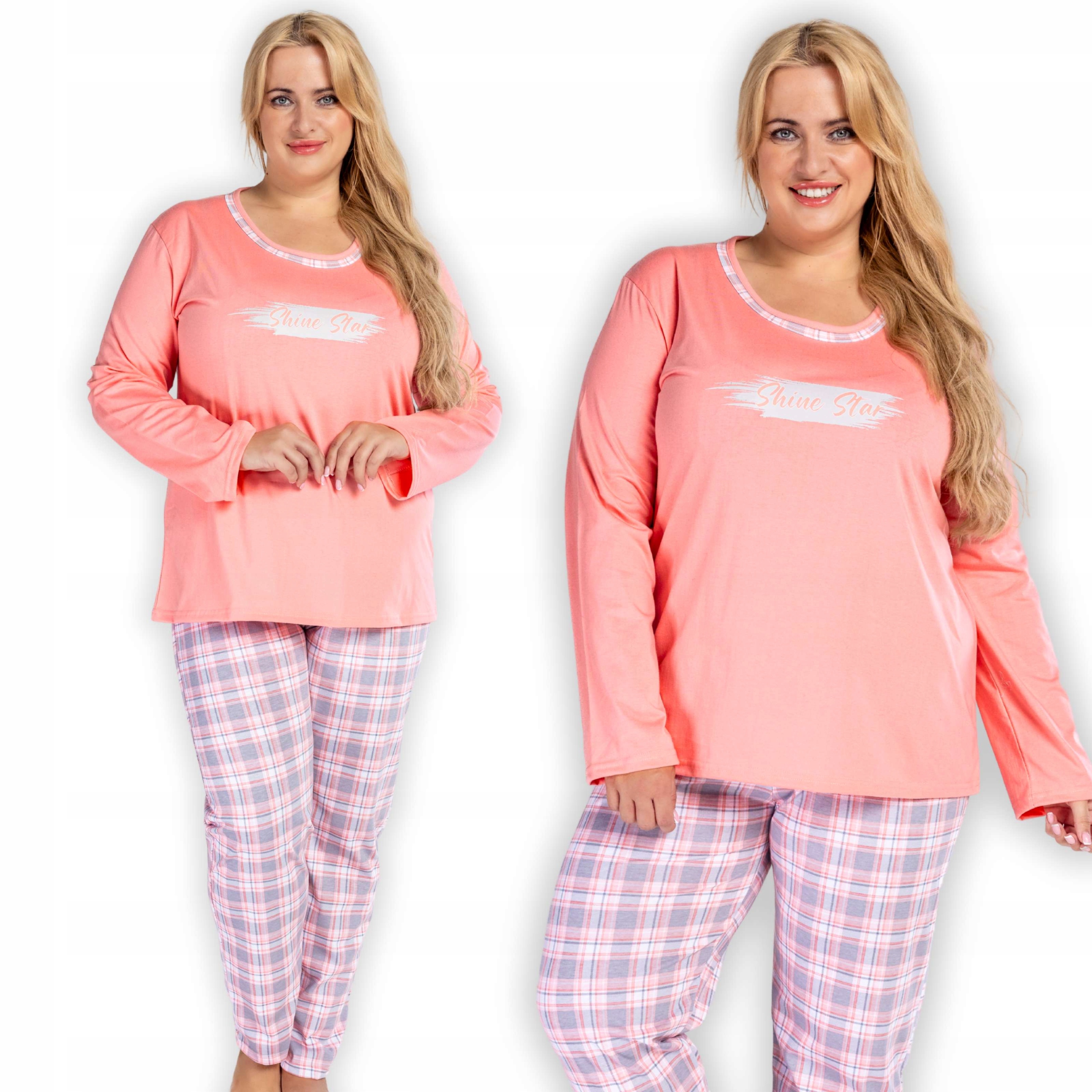 Dámské bavlněné pyžamo s dlouhým rukávem Dlouhé kalhoty Mřížka jako dárek 4XL