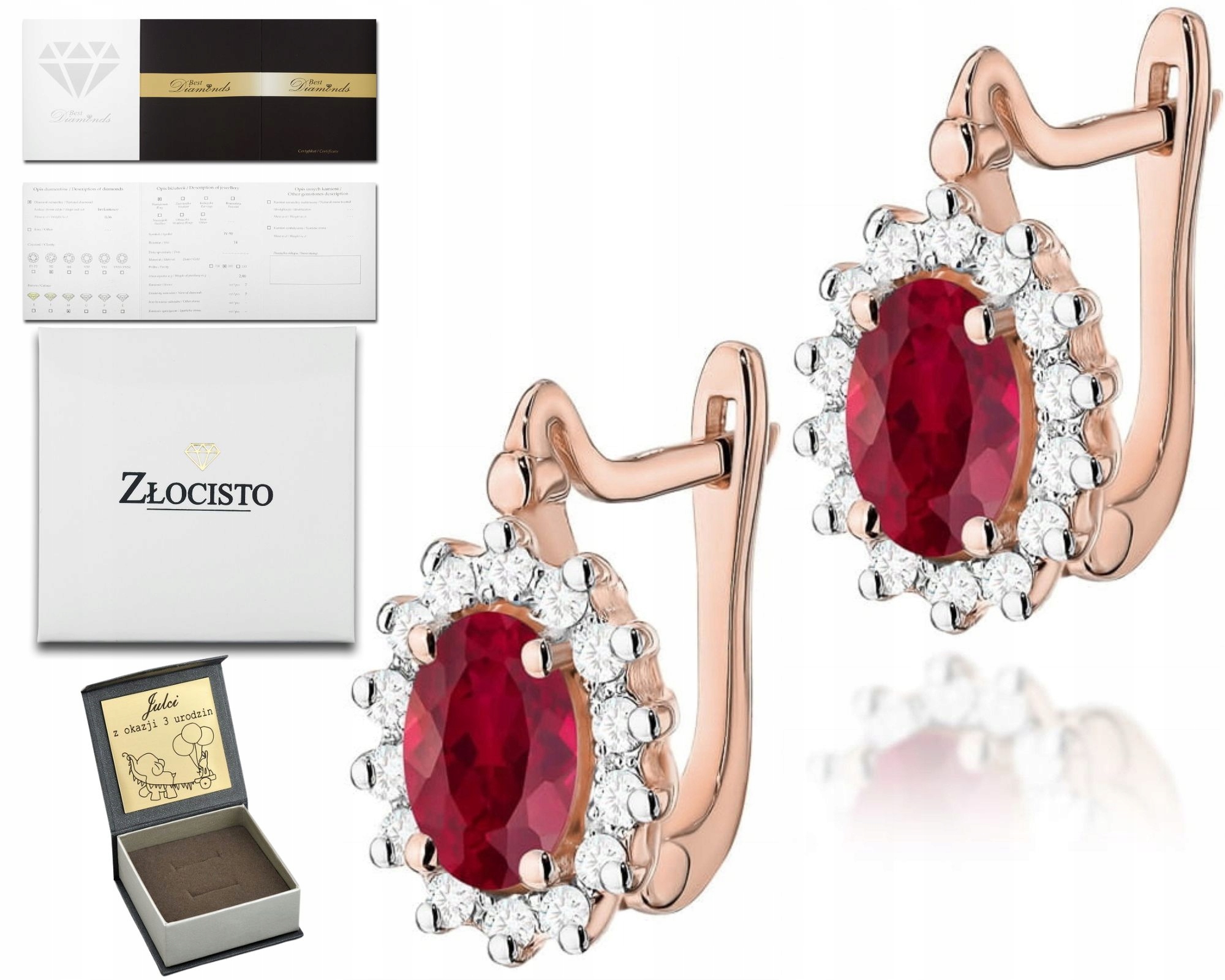 Růžové Zlato Náušnice S Diamanty A Rubínem 585 Anglický Dárek