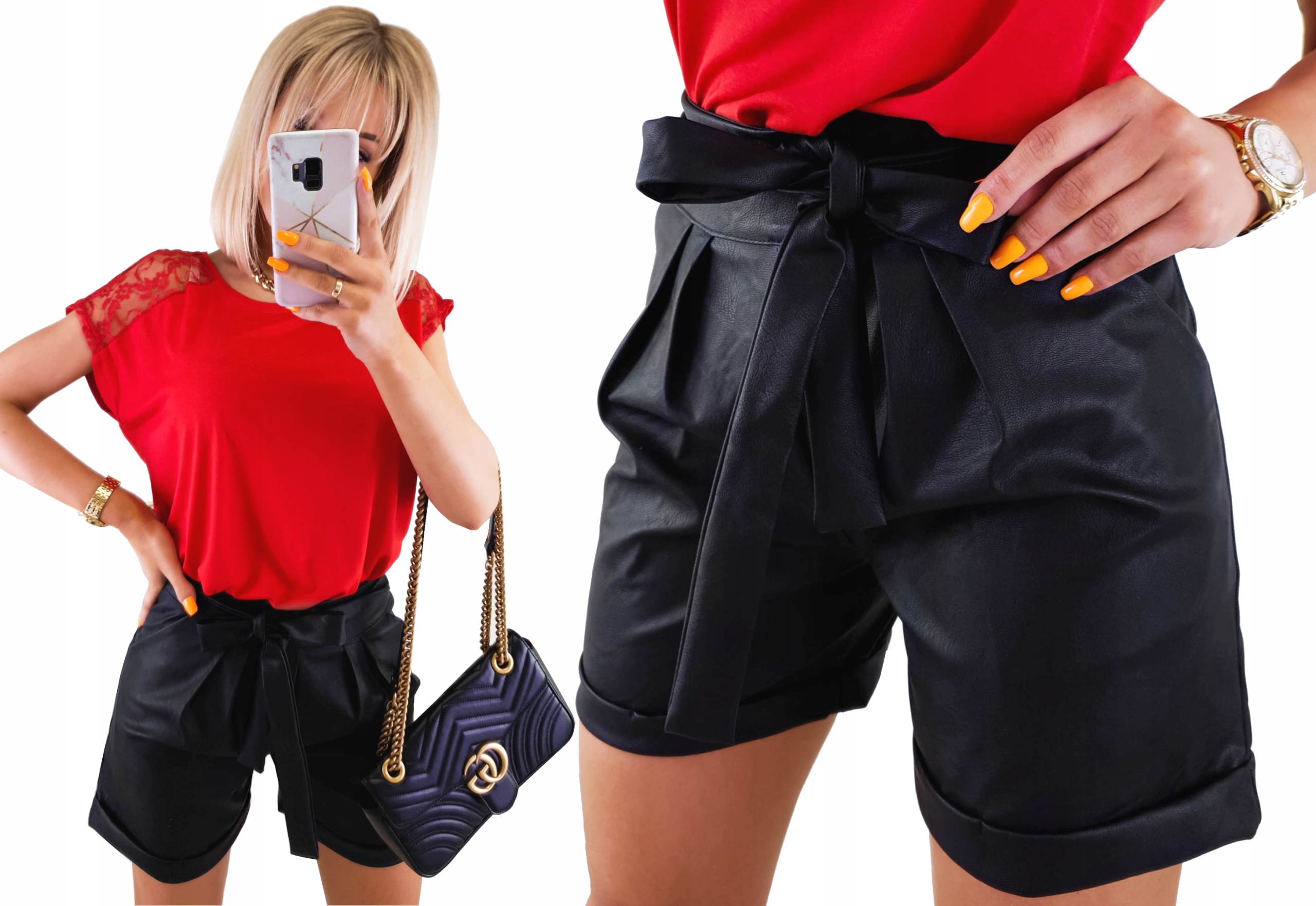 Kobiece SKÓRZANE SZORTY Z PASKIEM Ekoskóra 36_S