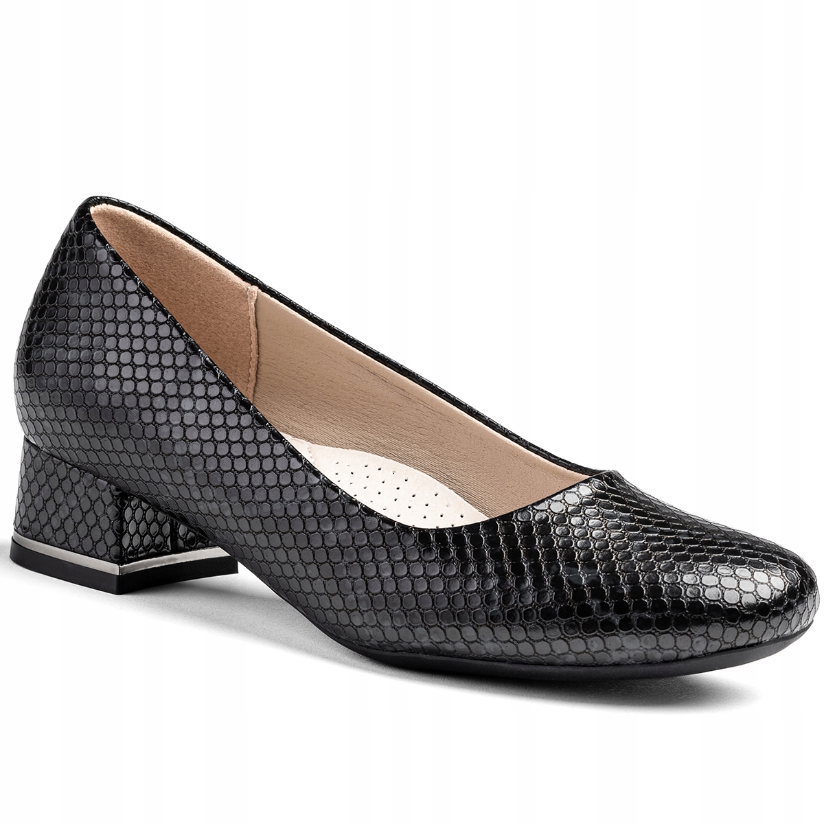 Boty s nízkým podpatkem. Kůže krokodýl grafit elegantní pohodlné Wojtyłko 38