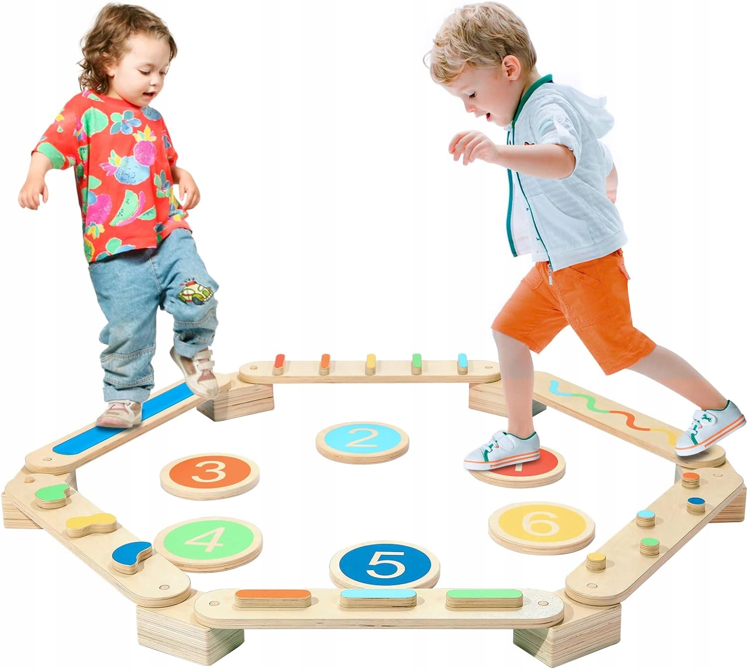 JOLIE VALLE TOYS Drewniana równowaga, 6-graniowy tor przeszkód dla pokoju