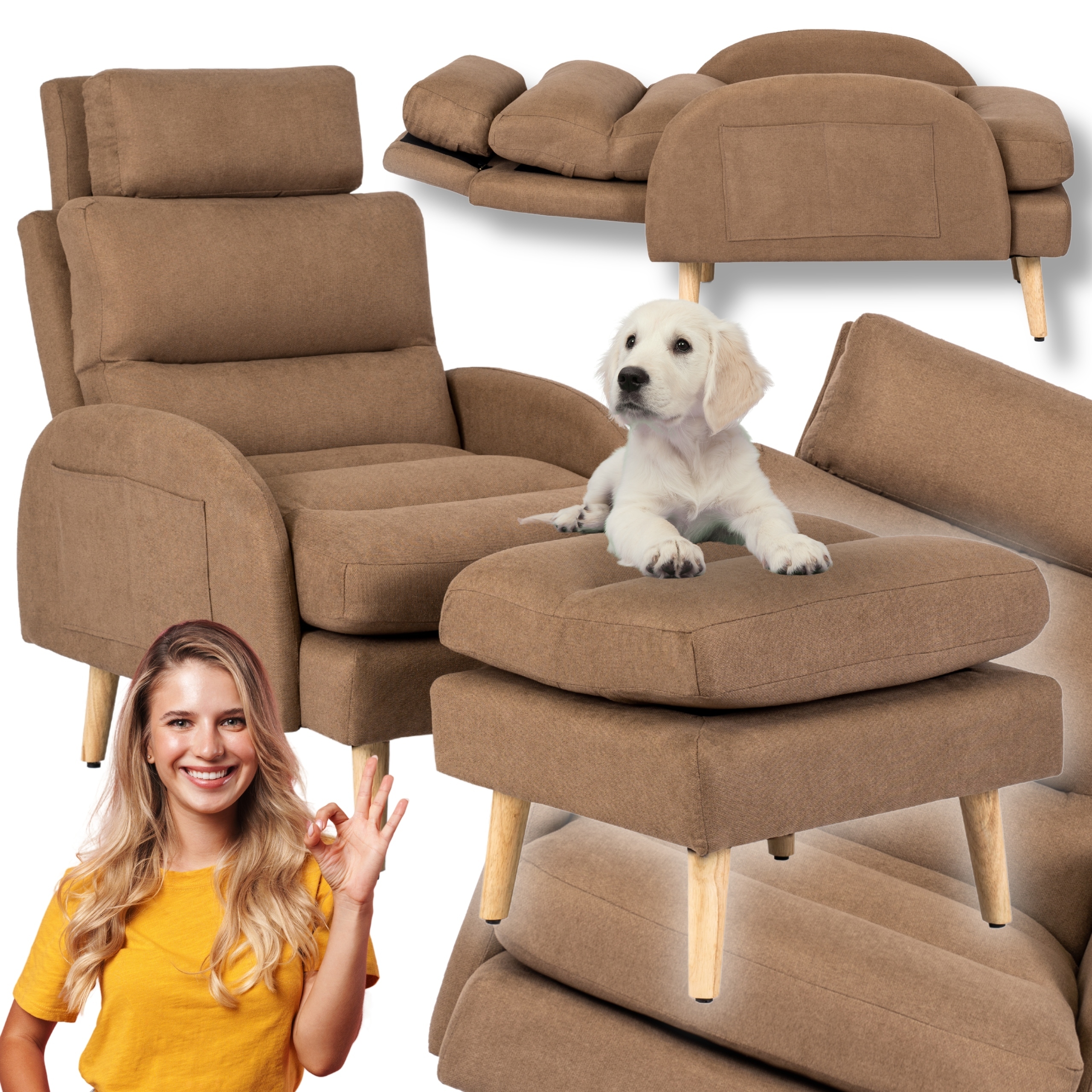 Odpočinkové křeslo hnědé rozkládací s podnožkou pro spaní Henry