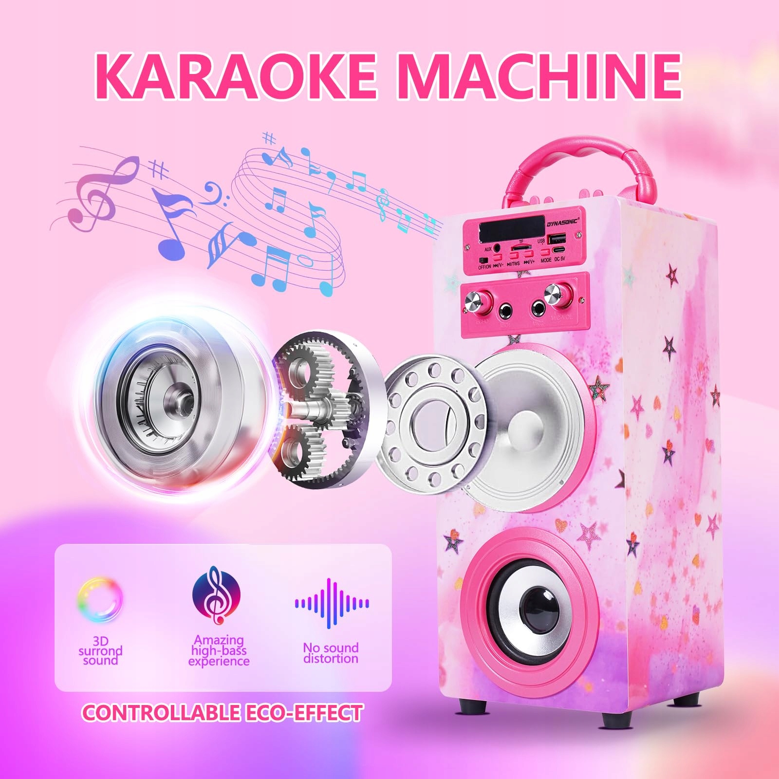 DYNASONIC Karaoke Z 2 Mikrofonami Przenośny Głośnik Bluetooth Dla Dzieci — miniatura 2