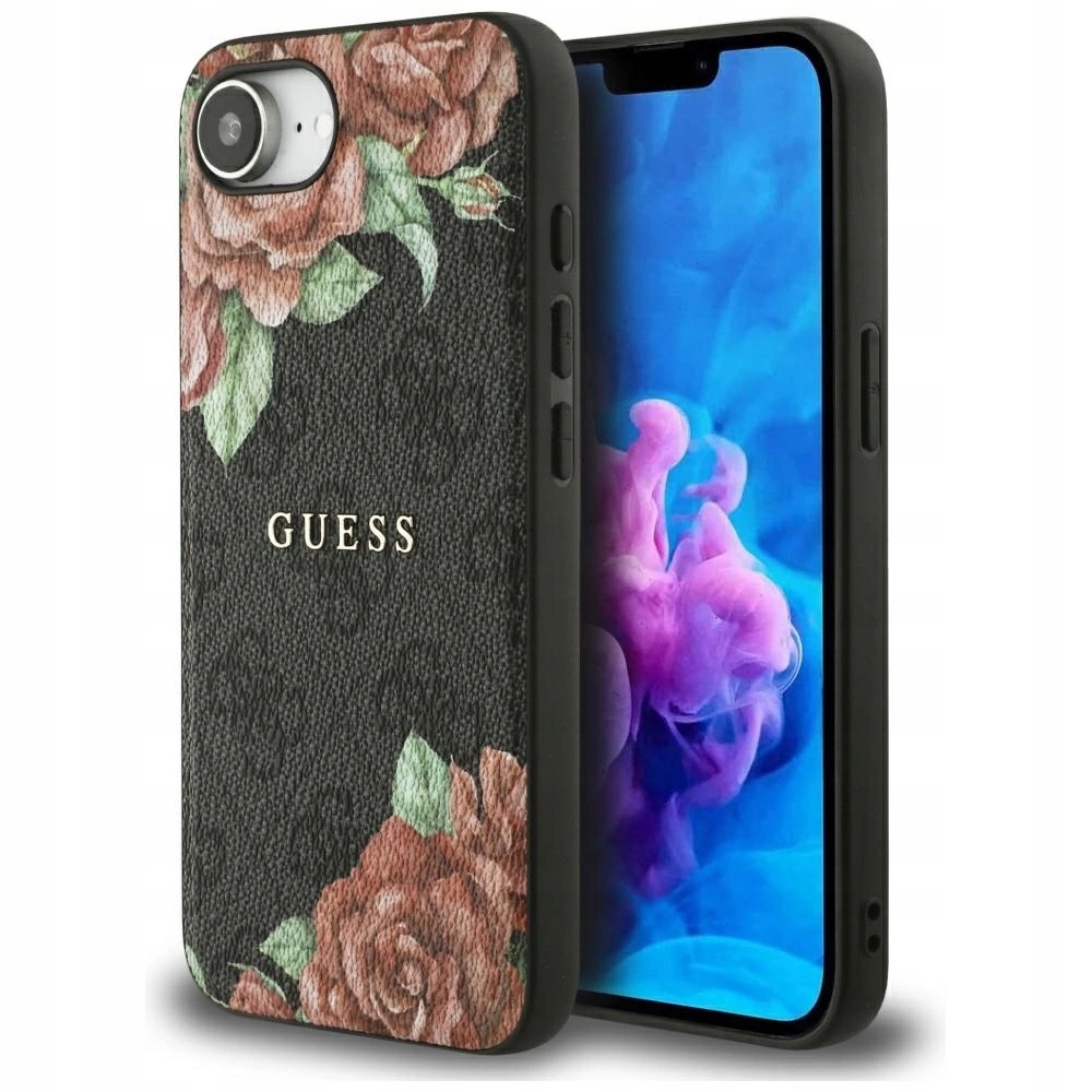Pouzdro Guess 4G Flowers Print MagSafe na iPhone 16e černé