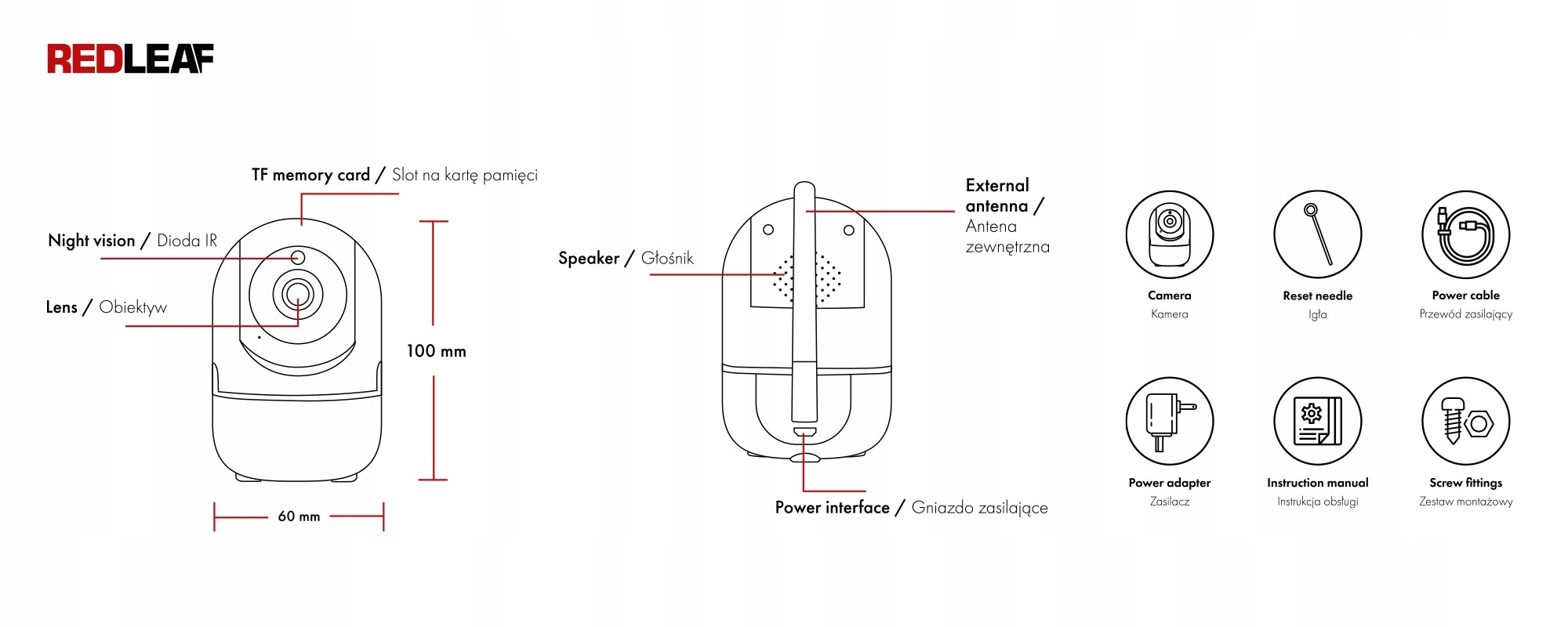 REDLEAF IP CAM 100 RUCHOMA PTZ KAMERA IP WIFI FHD do monitoringu domu Liczba diod podczerwieni 10