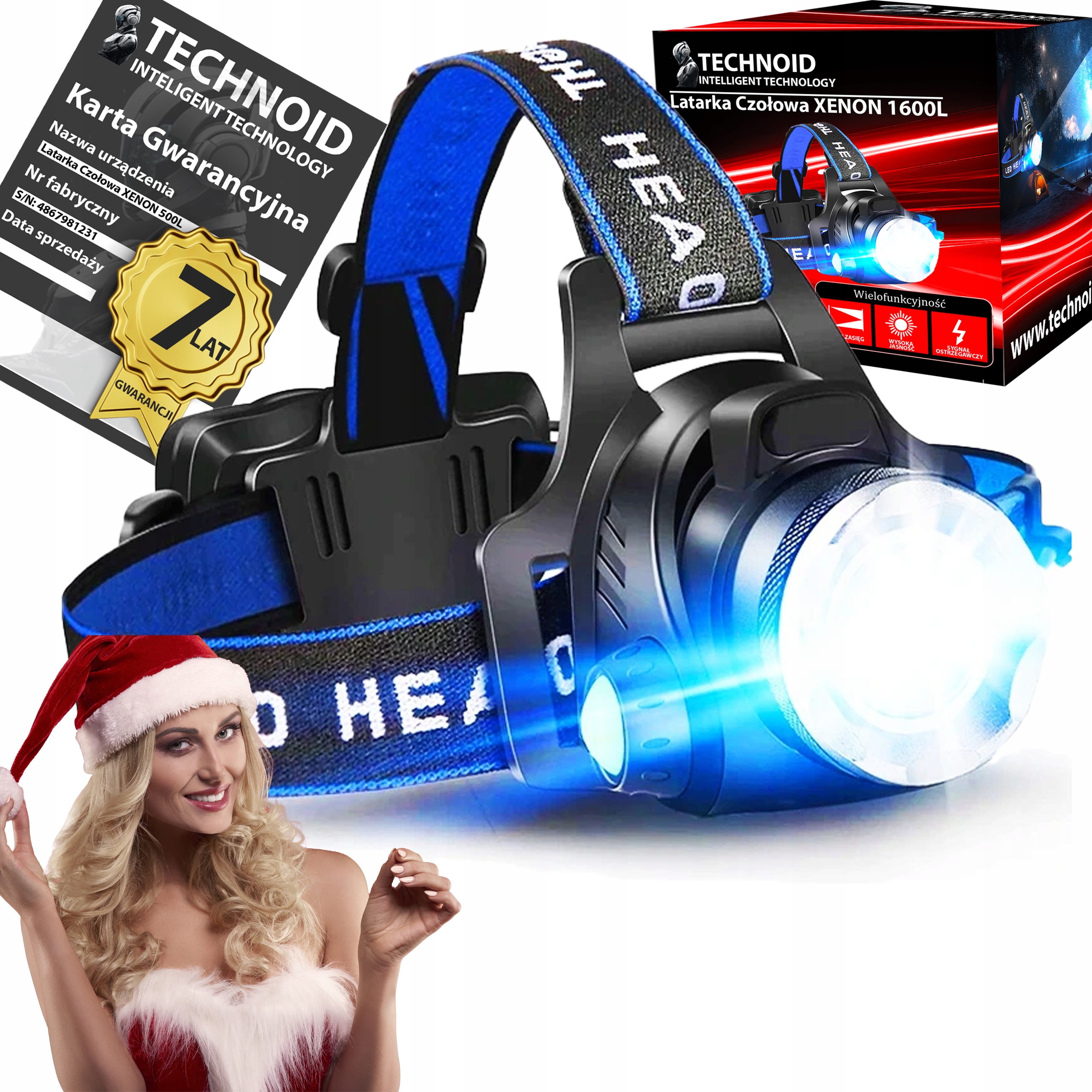 Led Čelovka Technoid s Velkým Dosahem 500m, Zoom, 1600LM, 2x Aku