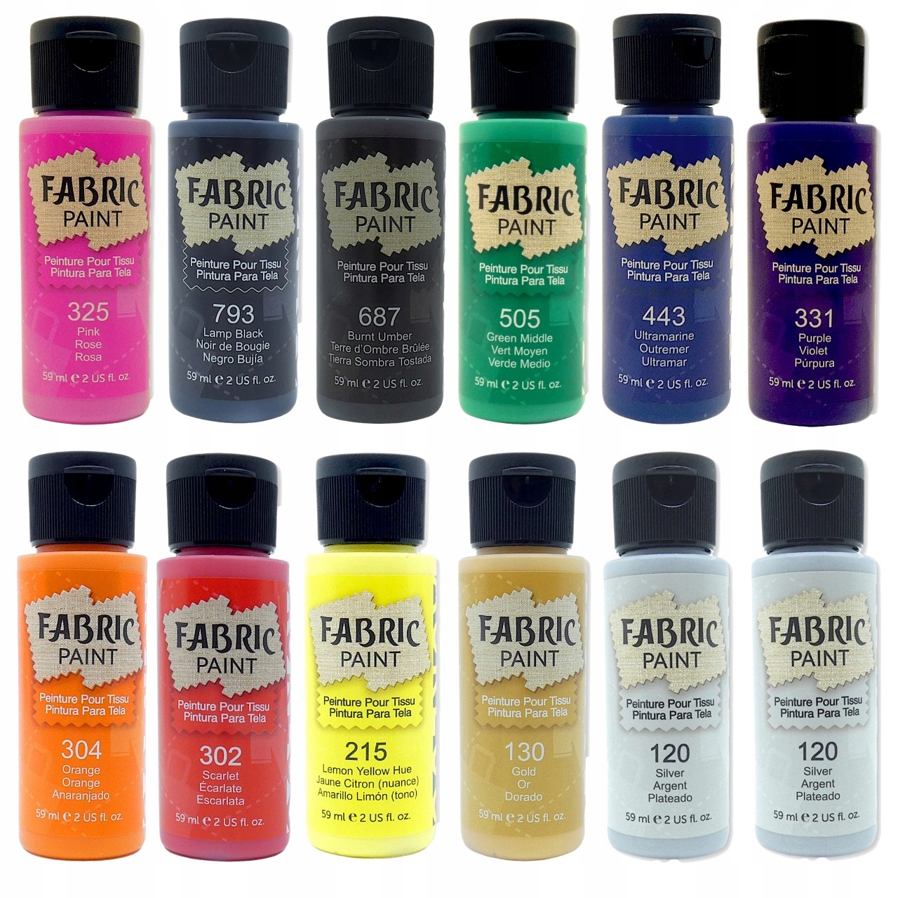 Sada 12 Barev Na Látky na světlé tmavé oblečení Fabric Aureuo 12x59ml