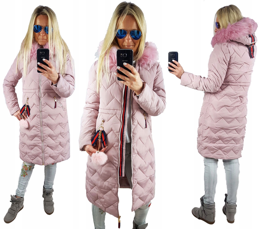 

Pikowany Długi Płaszcz Kurtka Zygzak Parka Futr Xs