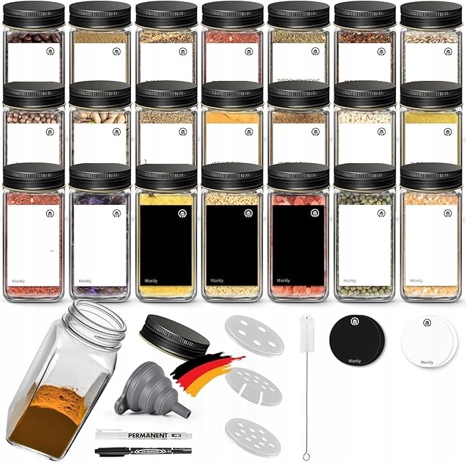 24X Obdélníkové Sklenice Na Koření 120 ML S Černým Utěsněným Víkem