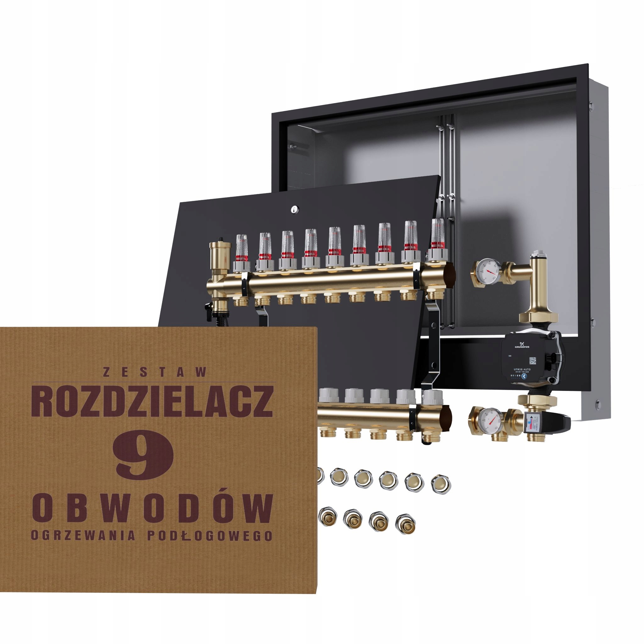 Rozdělovač pro podlahu 9 čerpadlo Grundfos podomítková skříňka černá Pex