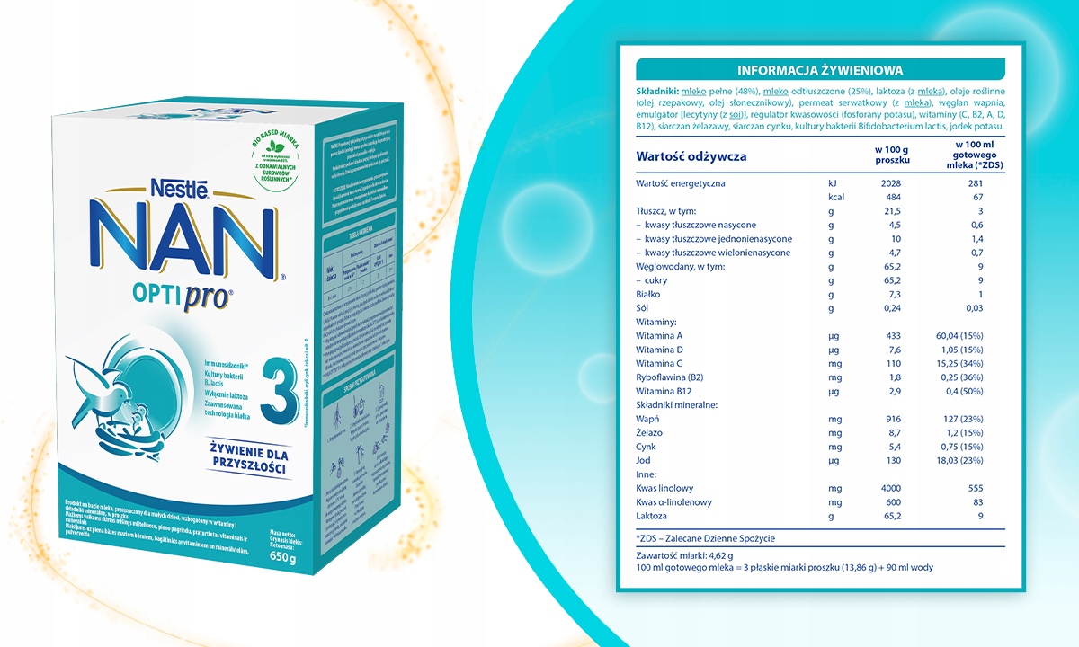 NESTLE NAN OPTIPRO 3 mleko modyfikowane 650g Gramatura 650 g
