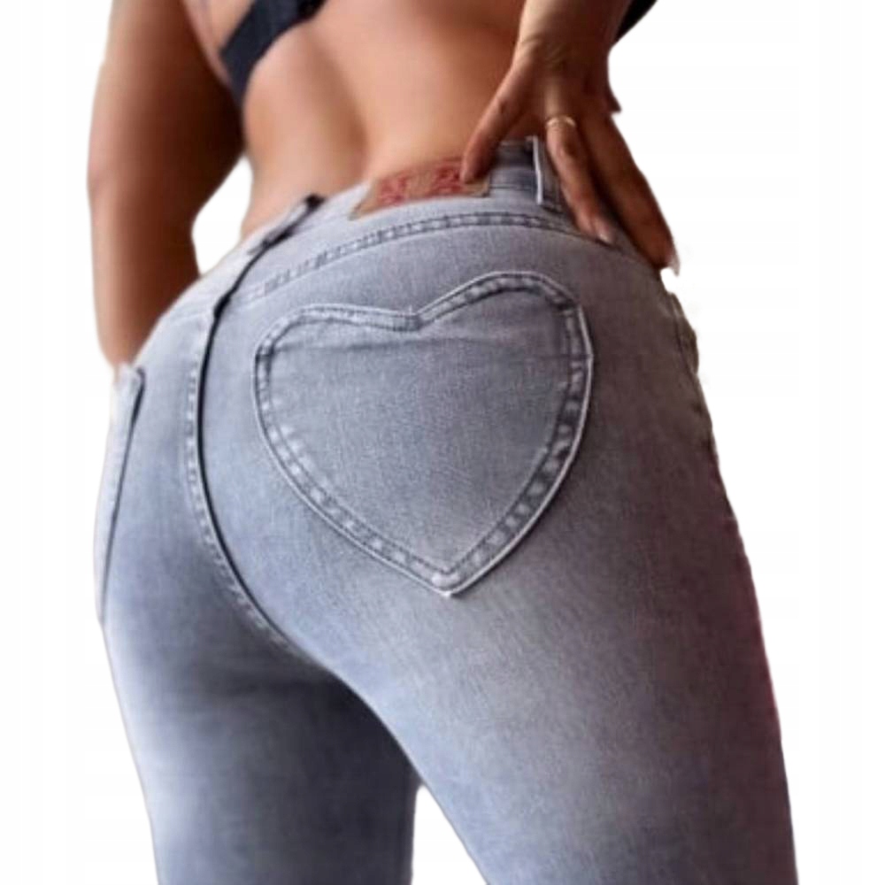 Spodnie Jeansy Damskie z Sercem Szare Skinny Rurki Push Up Premium M/38