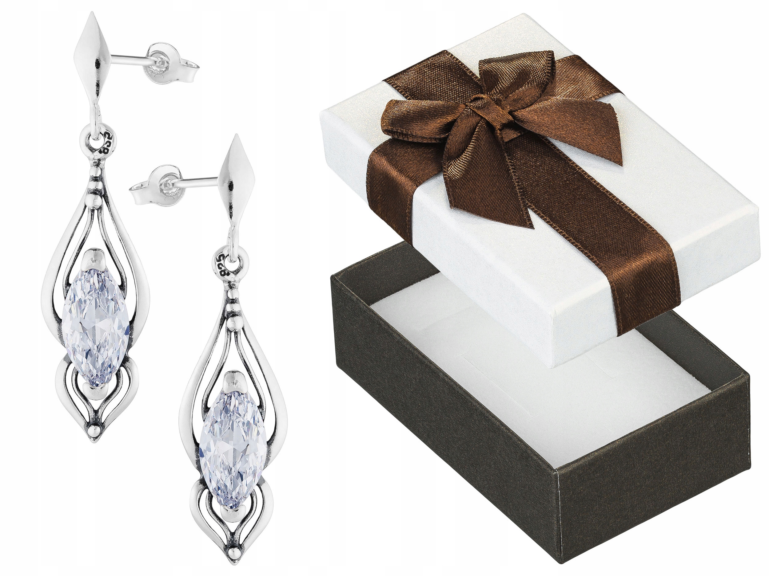 Stříbrné Náušnice Visací Dlouhé se Zirkony Puzetky Oxidované Vintage