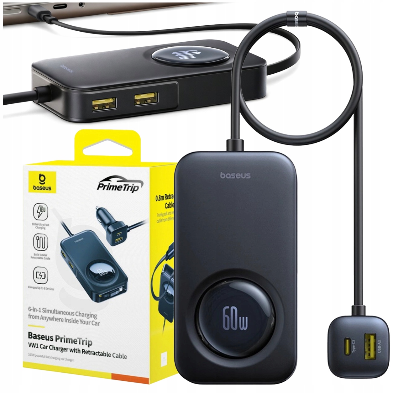 Ładowarka Samochodowa Baseus VW1 60W Do 6 Urządzeń Usb-c Usb Zwijany Kabel