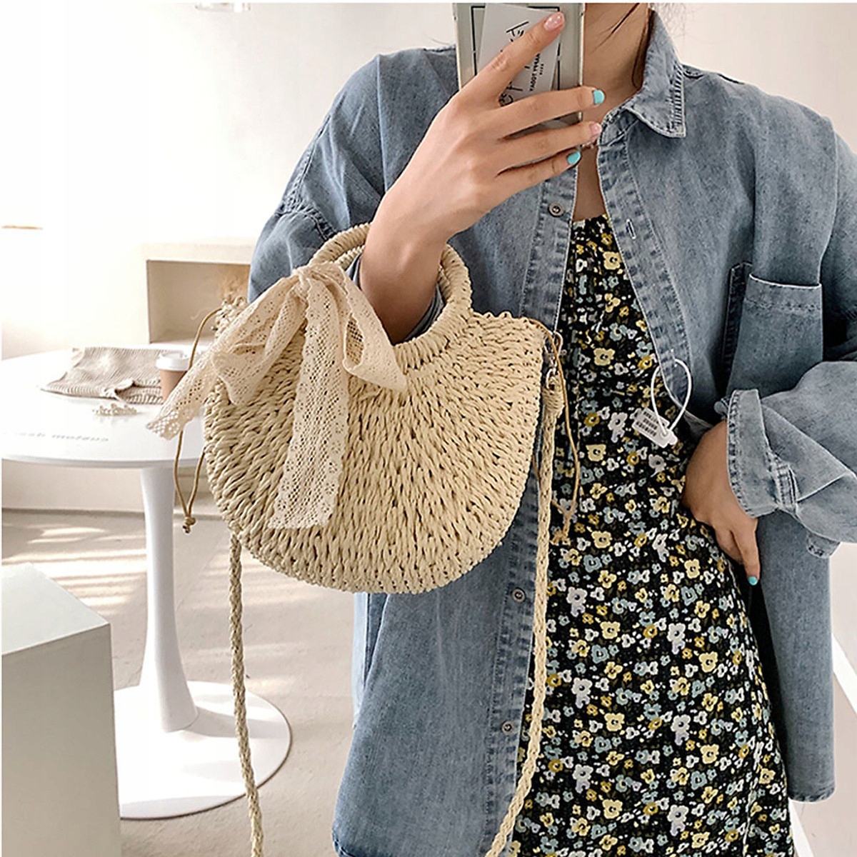 KOSZYK DO RĘKI TOREBKA NA RAMIĘ ODPINANY PASEK PLECIONA STYL ETNO KOKARDA Płeć kobieta