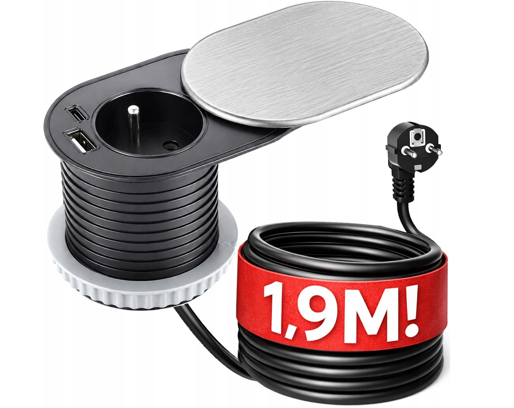 Gniazdo gniazdko przedłużacz Elektrima Slider 60mm 230V Usb 20W 1,9 metra