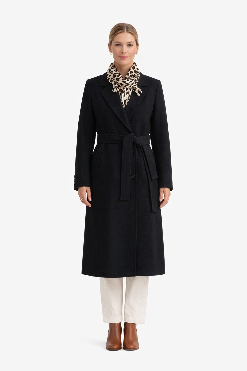 Černý Dvouřadý Vlněný Kabát S Páskem L I3A