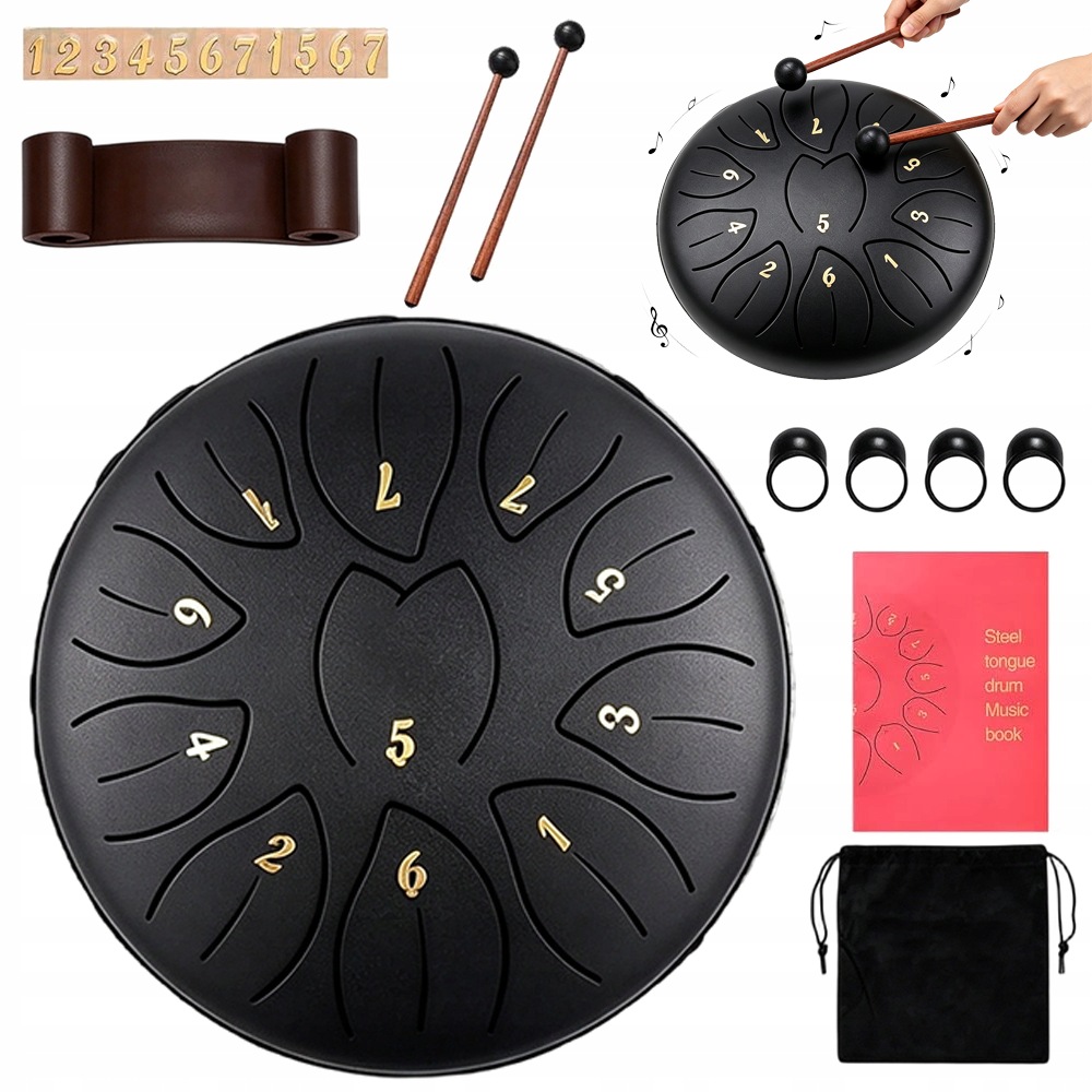 Ocelový Jazykový Buben Tongue Drum 11 Tónů 6", Přenosný, Černý
