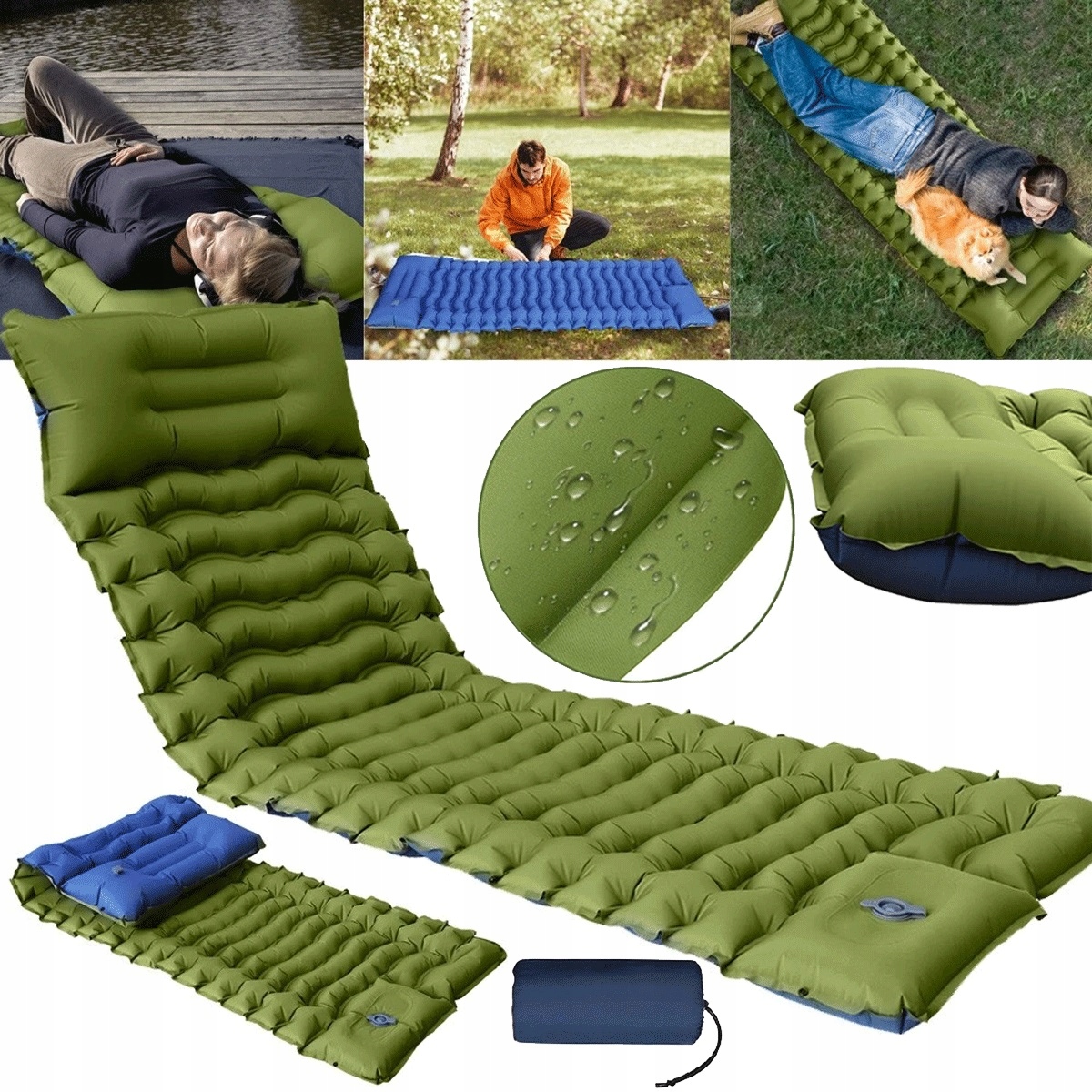 Samopompujący materac 10cm 40D nylon do spania na nierównym terenie zielony