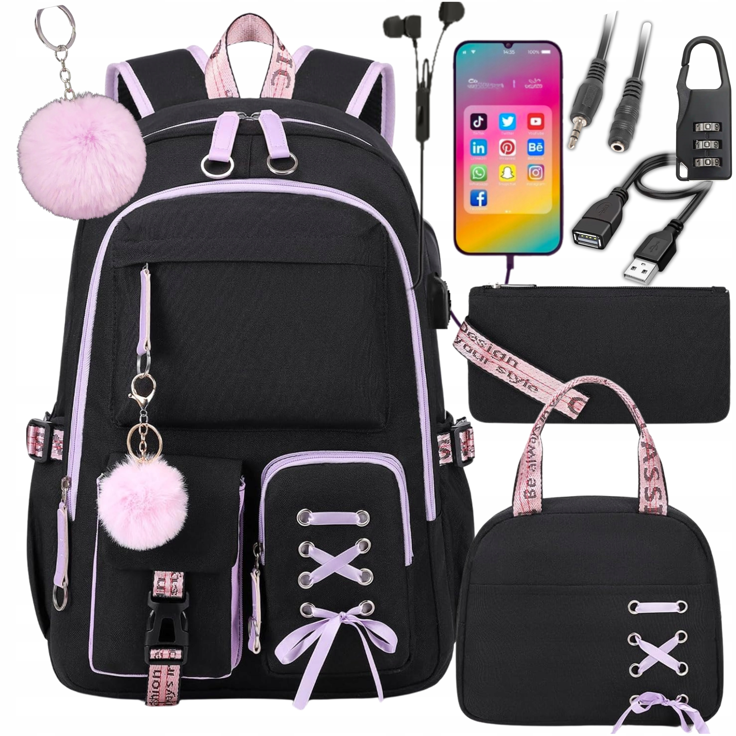 PLECAK SZKOLNY MŁODZIEŻOWY TORNISTER PIÓRNIK LUNCHBOX ŚNIADANIÓWKA S CZARNY Liczba kieszeni 3