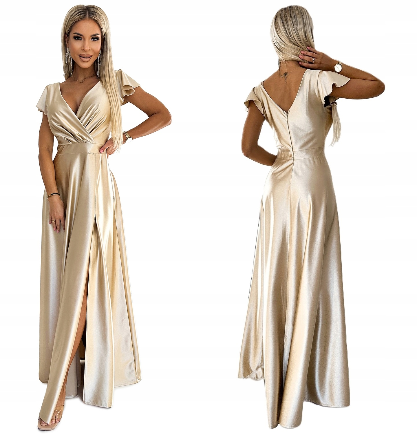 Saténová Dlouhá Sukně S Velkým Výstřihem Na Silvestrovský Ples, Zlatá, Velikost XL