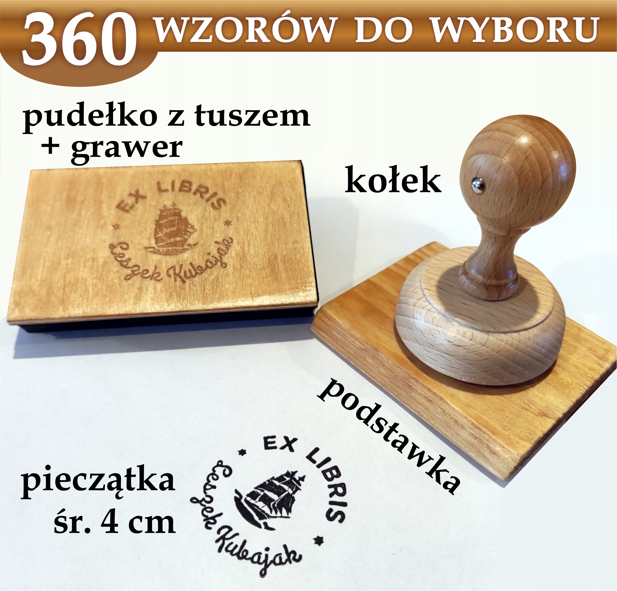 Pieczątka Ex libris Okrągła śr. 4cm - 360 Wzorów + GRAWER + lniany woreczek