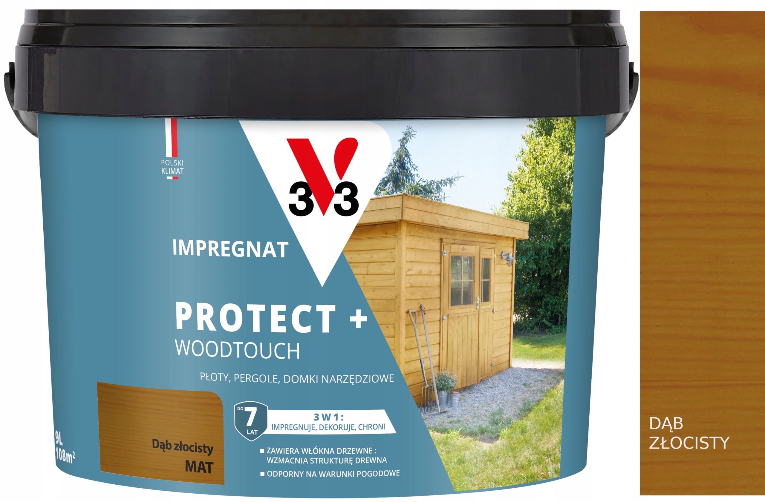 V33 Impregnat Protect+ płotów pergoli domków narzędziowych dąb złocisty 9l