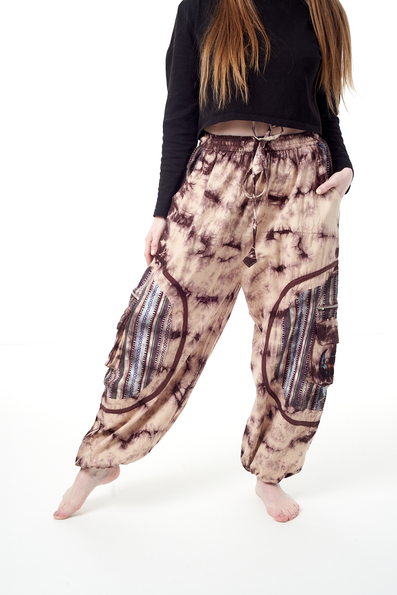 Přetíratelné umělecké volné kalhoty baggy etno tie dye prostorné kapsy