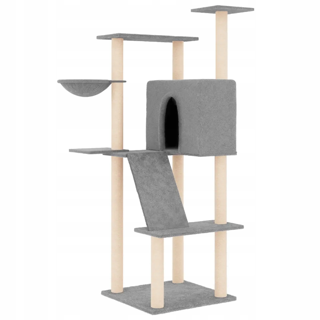 Levně Multifunkční škrabadlo pro kočky s domečkem a žebříkem, světle šedé, 78x73x143