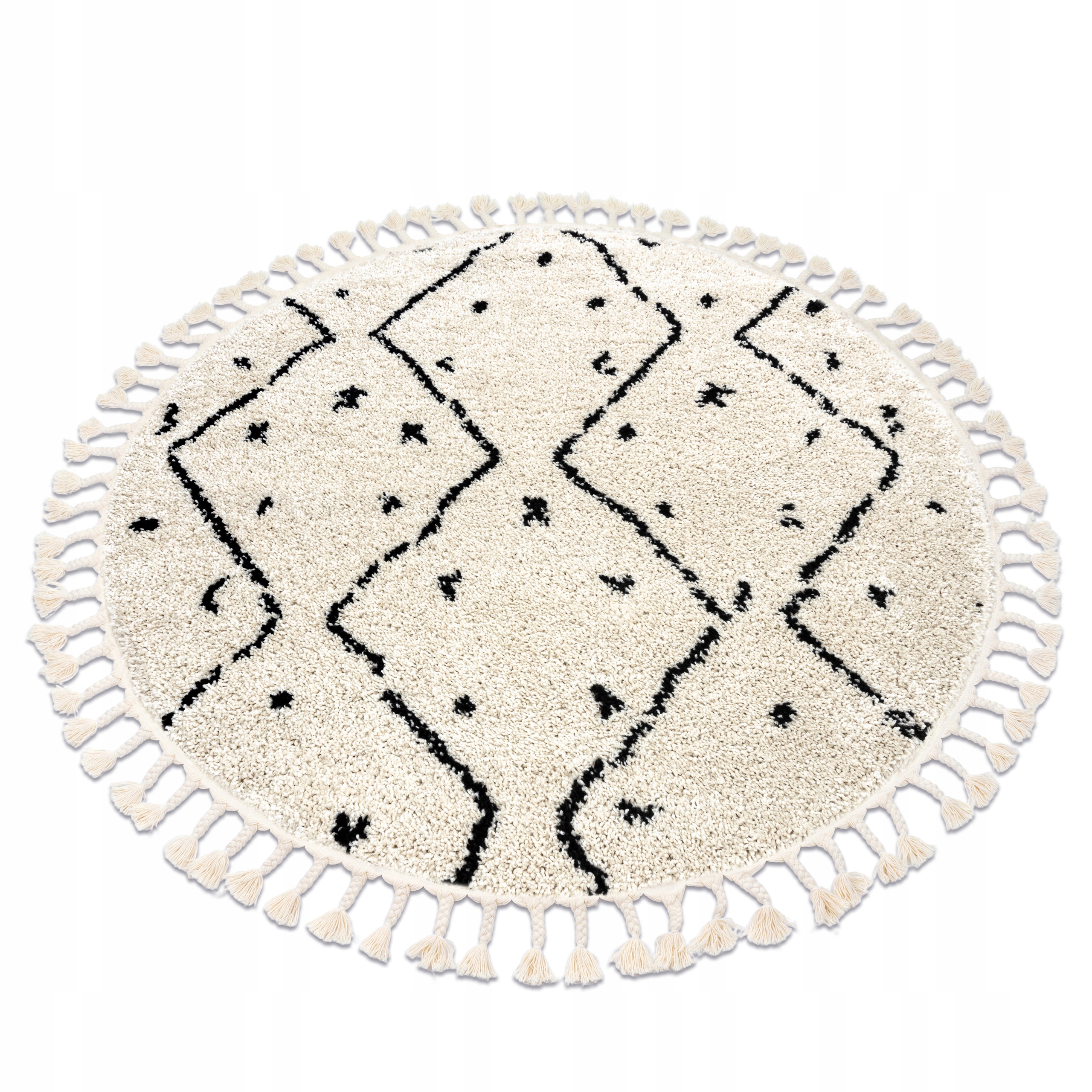 Dywan Maroko Salon Sypialnia Frędzle Shaggy Zygzak Kropki krem koło 120 cm