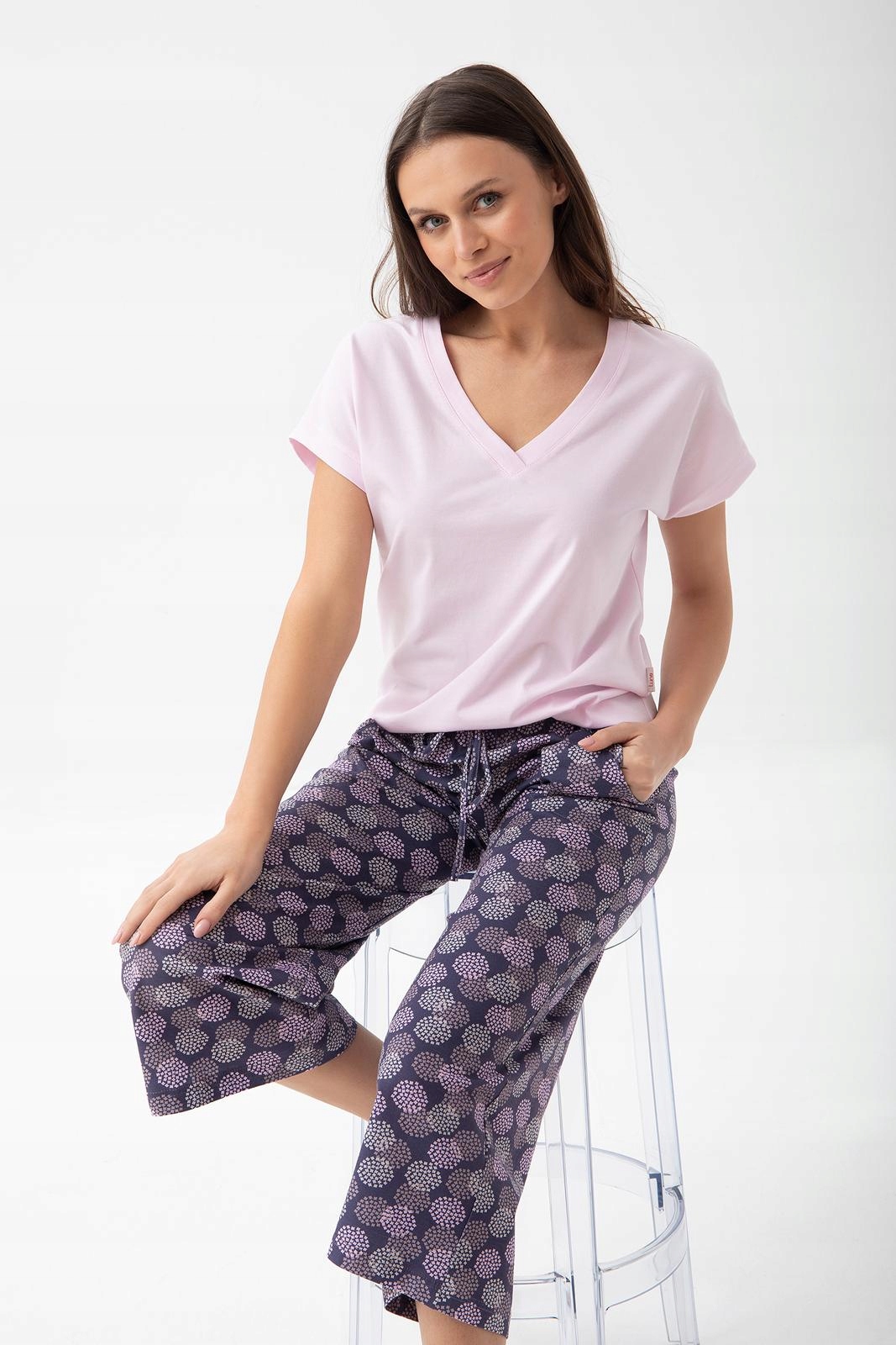 Dámské pyžamo Luna růžové švestkové kalhoty s květinovými rozetkami Velikost: M