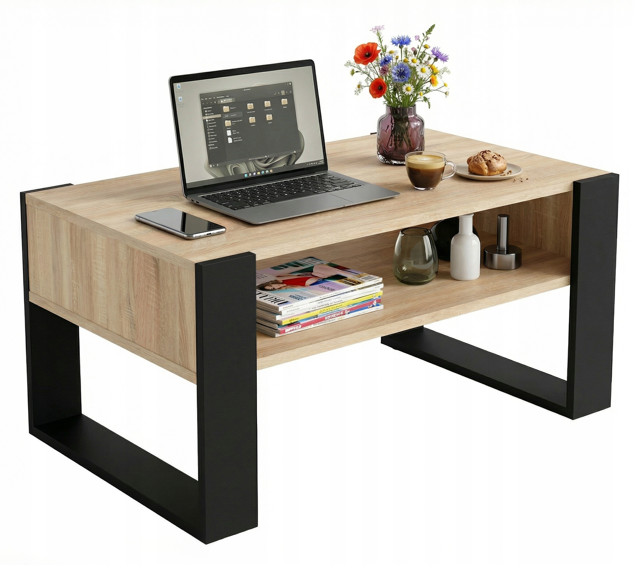 Konferenční stolek Karo 92 cm s policí Dub Sonoma/Černý loft 92x53,6x45